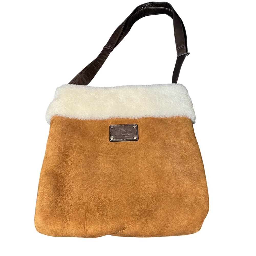 UGG Tote Bag Purse Women Medium Chestnut Suede Genuine Sheepskin Fur Trim‎